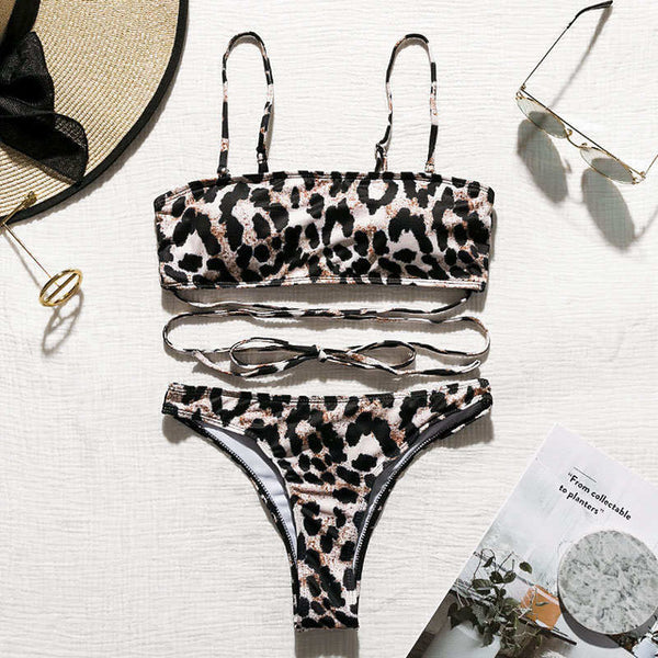 In-X Leopard swimsuit 3 pieces bandage sexy bikini 2020 Bandeau swimwear women Mesh crop top Bathing suit women bathers Biquini