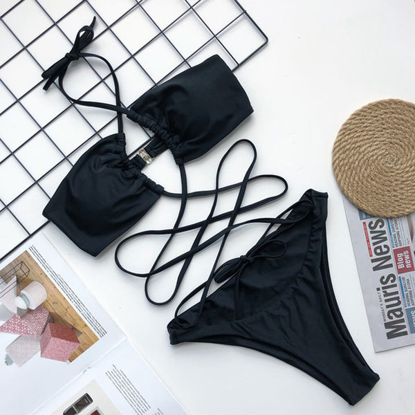 OMKAGI Swimwear Women One Piece Swimsuit Bandage Swimsuit Sexy Biquini Solid Push Up Bikini Set Biquinis Leopard Bikini 2020