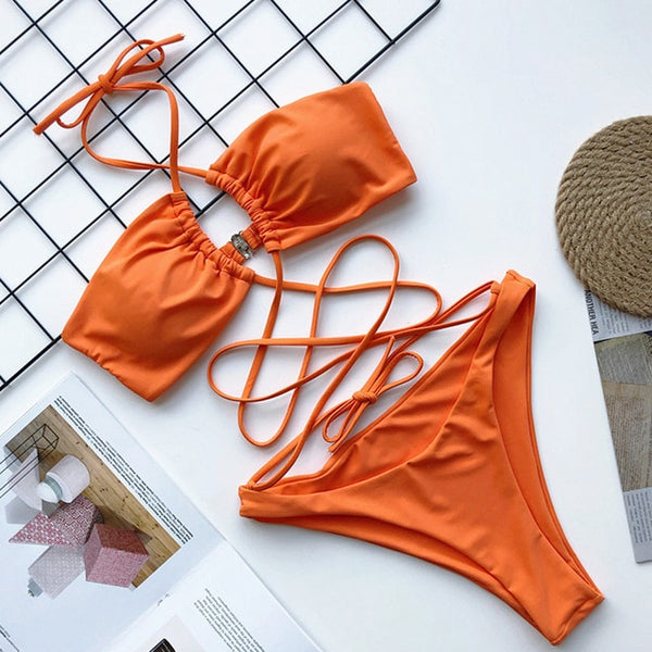 OMKAGI Swimwear Women One Piece Swimsuit Bandage Swimsuit Sexy Biquini Solid Push Up Bikini Set Biquinis Leopard Bikini 2020