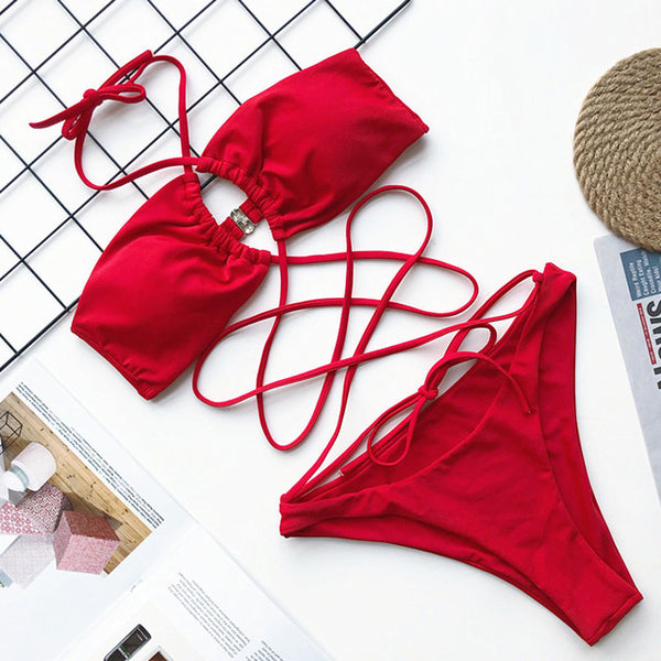 OMKAGI Swimwear Women One Piece Swimsuit Bandage Swimsuit Sexy Biquini Solid Push Up Bikini Set Biquinis Leopard Bikini 2020