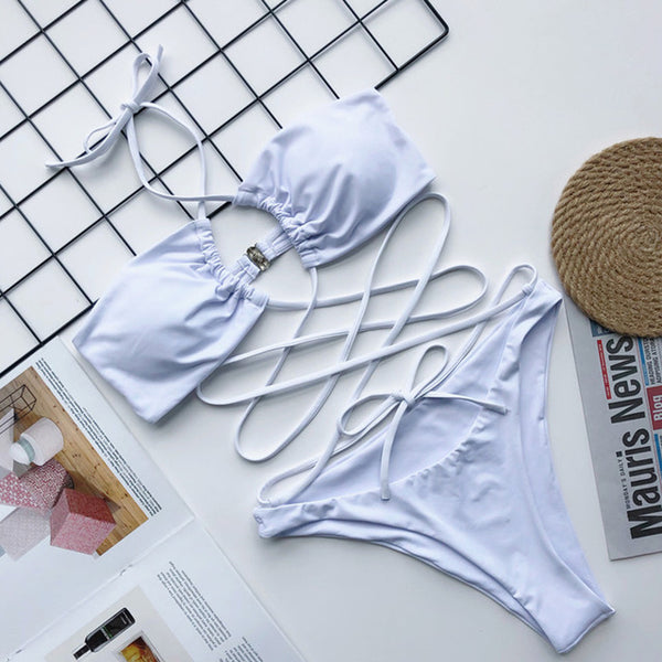 OMKAGI Swimwear Women One Piece Swimsuit Bandage Swimsuit Sexy Biquini Solid Push Up Bikini Set Biquinis Leopard Bikini 2020