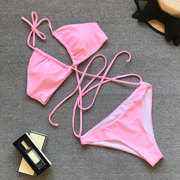 OMKAGI Swimwear Women One Piece Swimsuit Bandage Swimsuit Sexy Biquini Solid Push Up Bikini Set Biquinis Leopard Bikini 2020