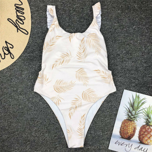 Women One Piece Swimsuit Bathing Suit Leaf Pattern Bandage Bikini Monokini Push-up Padded Bra Bathing Suit Swimwear Beachwear
