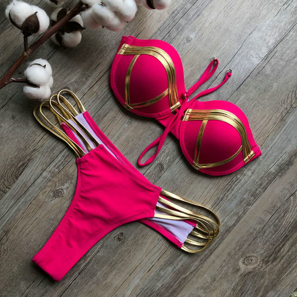 Sexy String Thong Bikini Set Pink Women Push Up Swimwear Biquini Halter Top 2 Pieces Swimsuit Padded Bra Female Bathing Suit