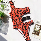 BerryGo Leopard print bikinis Mujer One shoulder swimwear female High cut bodysuits one-piece swimsuit women Hollow out monokini