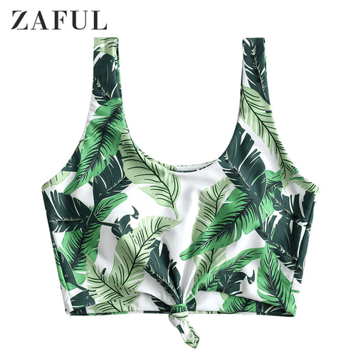 ZAFUL Women Green Peas Color Palm Leaf Knot Tropical Bikini Top U Neck Wire Free Swimsuit Top Removable Padded Bathing Suit Top