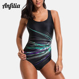 Anfilia Women One Piece Swimsuit Printed Sport Swimwear Ladies Colorblock Bathing Suit Monokini Bikini