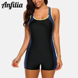 Anfilia Women One Piece Swimsuit Printed Sport Swimwear Ladies Colorblock Bathing Suit Monokini Bikini