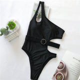 Hollow out swimsuit one piece female Black bikini 2020 High cut swimwear women Belt bodysuit women One shoulder monokini bathers