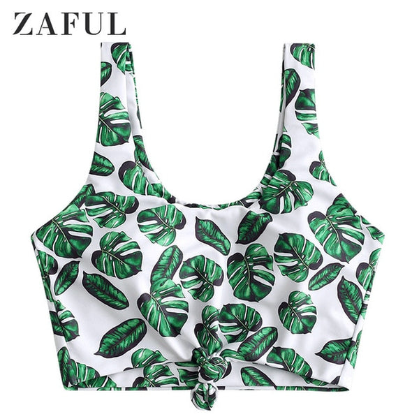 ZAFUL Women Green Peas Color Palm Leaf Knot Tropical Bikini Top U Neck Wire Free Swimsuit Top Removable Padded Bathing Suit Top