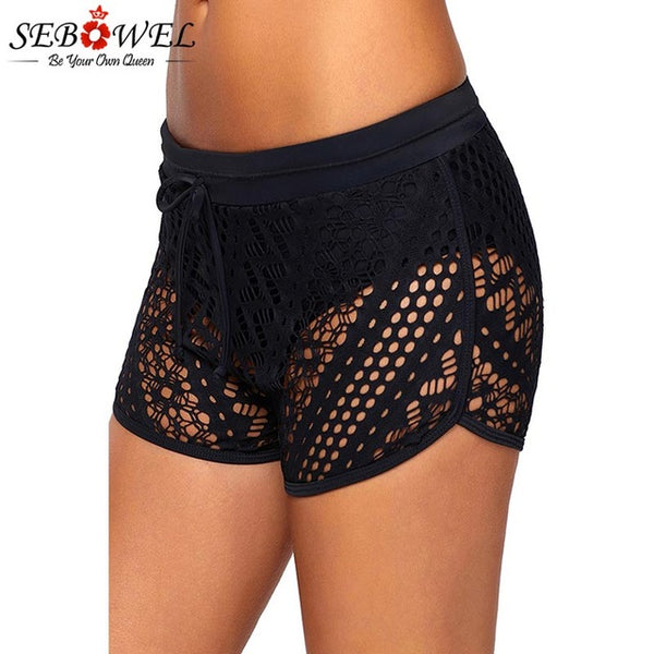 SEBOWEL Sexy Black Crochet Lace Skirted Bikini Summer Bottom One Piece Hollow Out Swimwear Skirt Women Swimsuit Swim Boyshorts