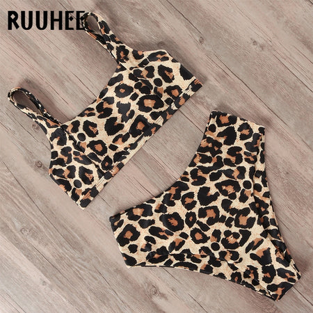 RUUHEE Halter TOP High Waist Bikini 2020 Women Bandage Swimwear Push UP Swimsuit Leopard Swimming Set Maillot De Bain Femme New