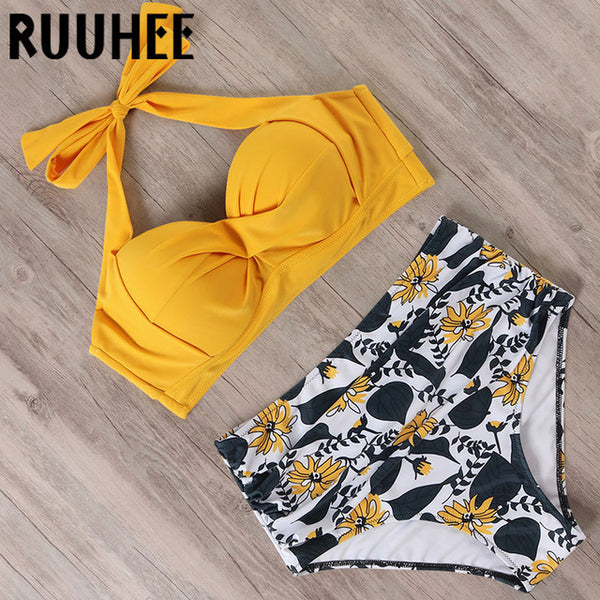 RUUHEE Halter TOP High Waist Bikini 2020 Women Bandage Swimwear Push UP Swimsuit Leopard Swimming Set Maillot De Bain Femme New