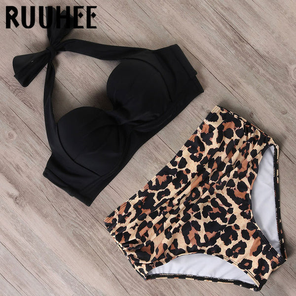 RUUHEE Halter TOP High Waist Bikini 2020 Women Bandage Swimwear Push UP Swimsuit Leopard Swimming Set Maillot De Bain Femme New