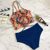 2018 New High Neck Bikinis Women Swimwear High Waist Swimsuit Retro Print Floral Crop Top Halter Bikini Set Bating Suit