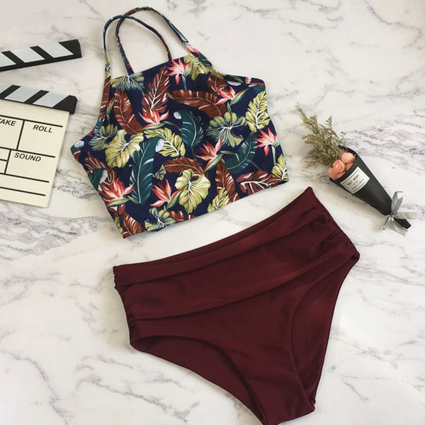 2018 New High Neck Bikinis Women Swimwear High Waist Swimsuit Retro Print Floral Crop Top Halter Bikini Set Bating Suit