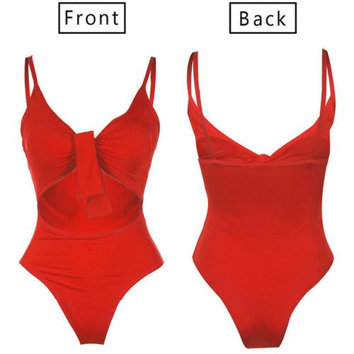 Summer Sexy Women One Piece Bikini 2019 Swimwear V-neck Bandage Bow Tie Backless Hollow out Swimsuit Swim Beachwear Bathing Suit