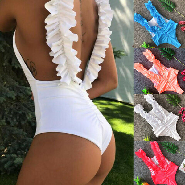 Summer Sexy One Piece Bathing Suit Women Swimwear Ruffle High Waist Swimming Suits Solid Bikini Padded Bra Swimsuit