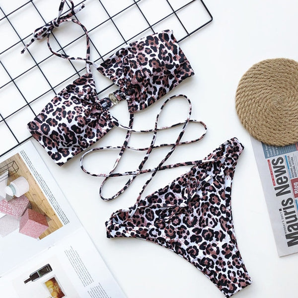 OMKAGI Swimwear Women  One Piece Swimsuit Bandage Swimsuit Sexy Biquini Solid Push Up Bikini Set Biquinis Leopard Bikini 2020