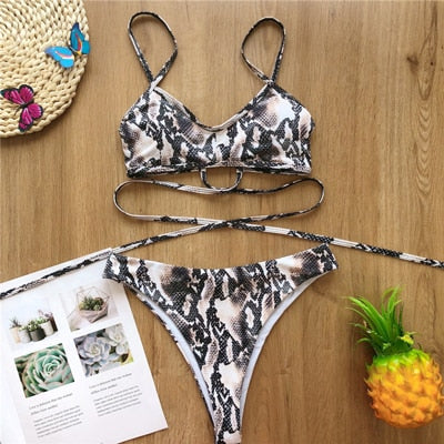 OMKAGI Swimwear Women  One Piece Swimsuit Bandage Swimsuit Sexy Biquini Solid Push Up Bikini Set Biquinis Leopard Bikini 2020