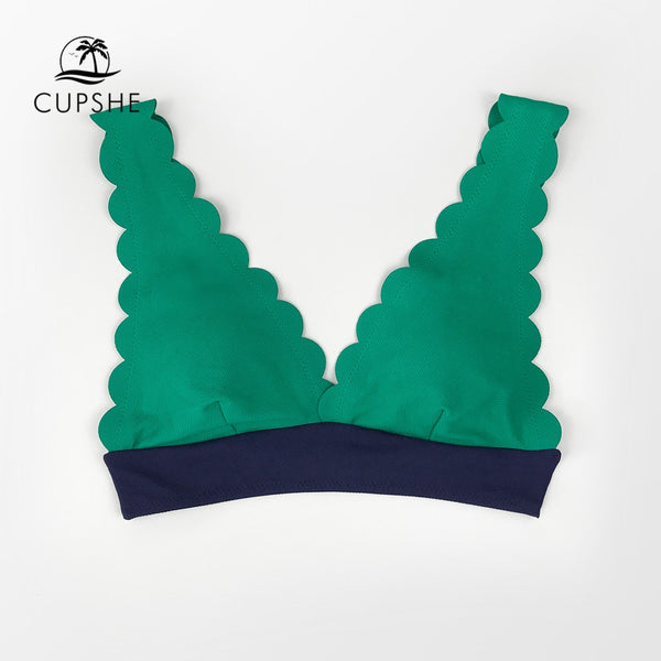 CUPSHE Green and Navy Scalloped Bikini Top Women Sexy Single Padded Bra 2020 Swimwear Bathing Bra Top