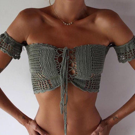 Sexy Halter Tie Knitting Bikini New Beach Crochet Swimwear Halter Beaded Tassel Crop Top Brazil Bikini Swimsuit Bathing Suit