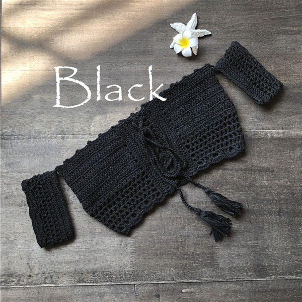 2019 Women Bikini Top Bandage Hollow-out Tassel Swimsuit With Sleeves Summer Crochet Lace Top Swimwear