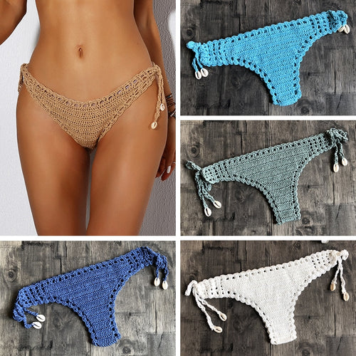 Women Sport Sexy Bikini Thong Handmade Crochet Swimwear Bikini Bottom Hollow-out Low Waist Bathing Suit