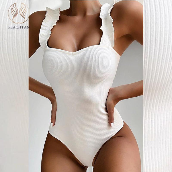 Peachtan Sexy high cut bodysuit bikini 2020 Solid white swimsuit one piece monokini Ruffle swimwear women bathers bathing suit