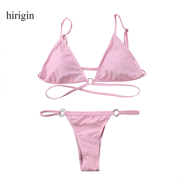 2018 New Prue Pink Women Sexy Bikinis Set Push-Up Padded Triangle Bra Thong Bottom Bandage Swimwear Summer Women Beach Bathing