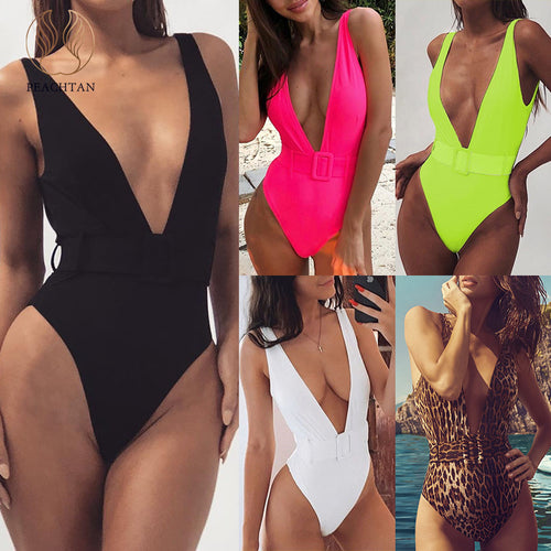 Peachtan Maillot de bain femme 2020 swimwear Women bodysuits One-pieces swimsuit High cut monokini Deep v-neck bikini push up