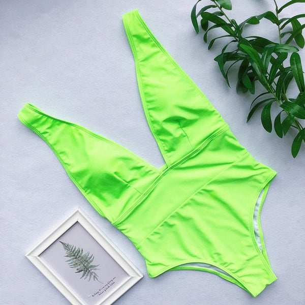 Peachtan Maillot de bain femme 2020 swimwear Women bodysuits One-pieces swimsuit High cut monokini Deep v-neck bikini push up