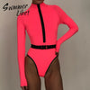 Long sleeve bikini 2020 Neon Pink Zipper bodysuits one-piece swimwear women Turtleneck swimsuit female High cut monokini biquini