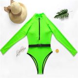 Long sleeve bikini 2020 Neon Pink Zipper bodysuits one-piece swimwear women Turtleneck swimsuit female High cut monokini biquini