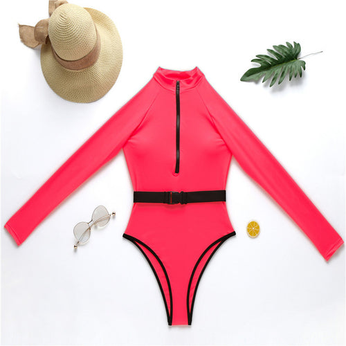 Long sleeve bikini 2020 Neon Pink Zipper bodysuits one-piece swimwear women Turtleneck swimsuit female High cut monokini biquini