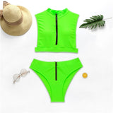 Long sleeve bikini 2020 Neon Pink Zipper bodysuits one-piece swimwear women Turtleneck swimsuit female High cut monokini biquini