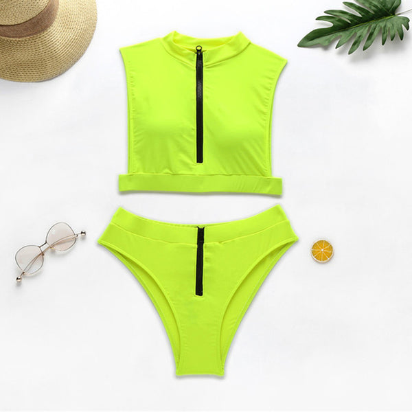 Long sleeve bikini 2020 Neon Pink Zipper bodysuits one-piece swimwear women Turtleneck swimsuit female High cut monokini biquini