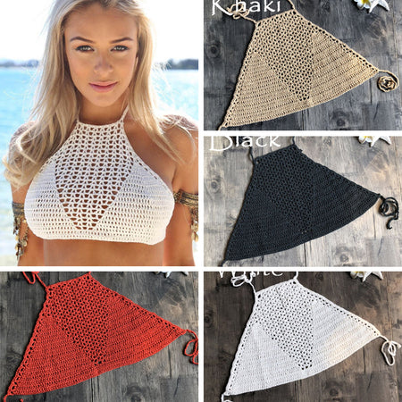 2019 New Bikini Top Handmade Crochet Women Boho Beach Bralette Solid Halter Knitted Swimsuit Brazilian Bikinis Bathing Suit Top