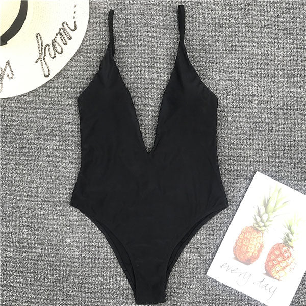 One Piece Swimwear Women 2019 Sexy Deep V Neck Swimsuit Push Up Biquini Solid Backless Monokini Halter Thong Bikini Bathing Suit