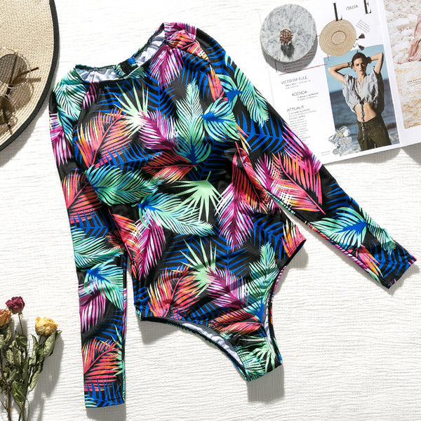 Summer 2020 Leaves print swimsuit female Long sleeve sexy bikini Brazilian one piece bodysuit Push up swimwear women monokini