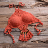 Sexy Halter Tie Knitting Bikini New Beach Crochet Swimwear Halter Beaded Tassel Crop Top Brazil Bikini Swimsuit Bathing Suit