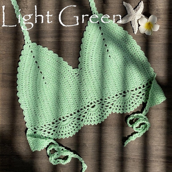 2019 New Bikini Top Handmade Crochet Women Boho Beach Bralette Solid Halter Knitted Swimsuit Brazilian Bikinis Bathing Suit Top