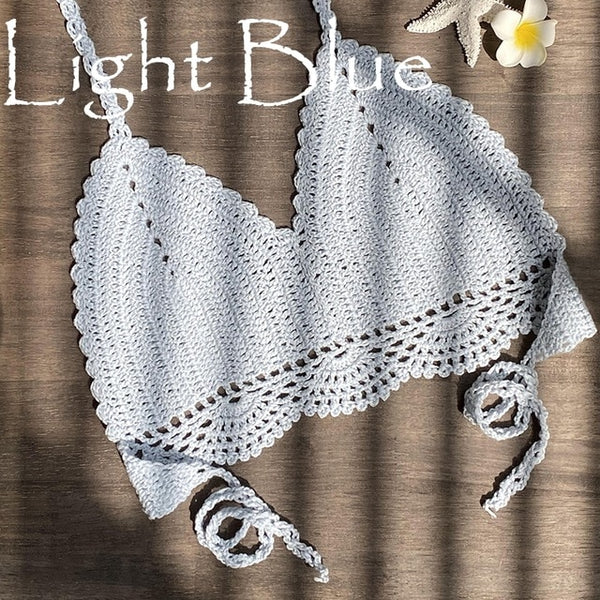 2019 New Bikini Top Handmade Crochet Women Boho Beach Bralette Solid Halter Knitted Swimsuit Brazilian Bikinis Bathing Suit Top