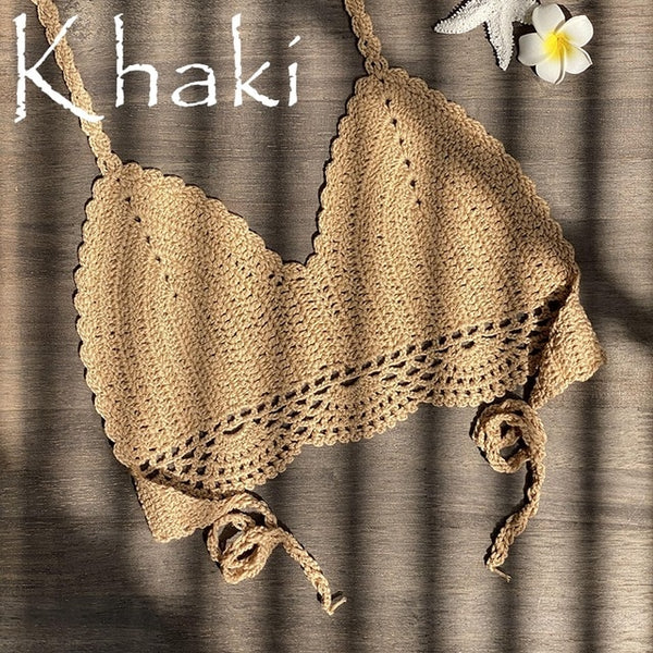 2019 New Bikini Top Handmade Crochet Women Boho Beach Bralette Solid Halter Knitted Swimsuit Brazilian Bikinis Bathing Suit Top