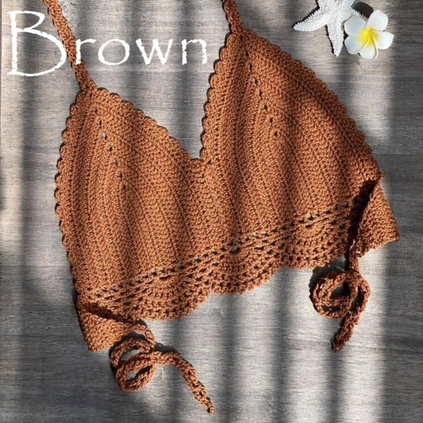 2019 New Bikini Top Handmade Crochet Women Boho Beach Bralette Solid Halter Knitted Swimsuit Brazilian Bikinis Bathing Suit Top