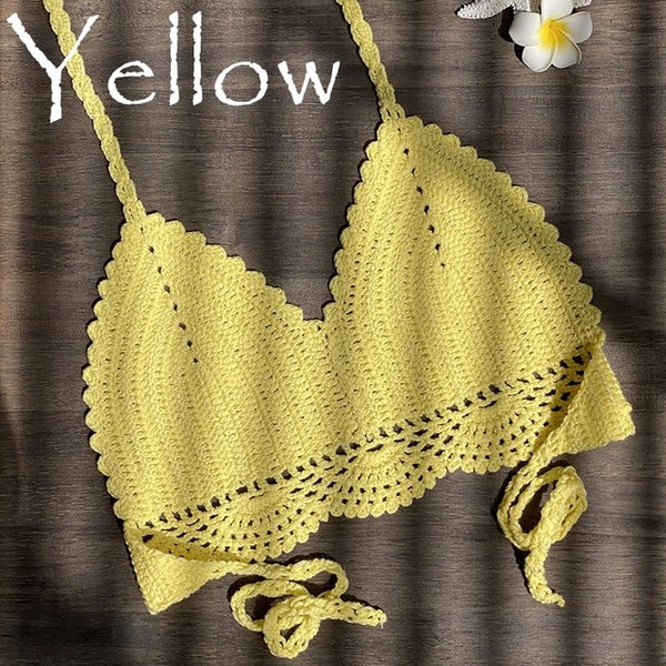 2019 New Bikini Top Handmade Crochet Women Boho Beach Bralette Solid Halter Knitted Swimsuit Brazilian Bikinis Bathing Suit Top