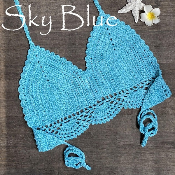 2019 New Bikini Top Handmade Crochet Women Boho Beach Bralette Solid Halter Knitted Swimsuit Brazilian Bikinis Bathing Suit Top