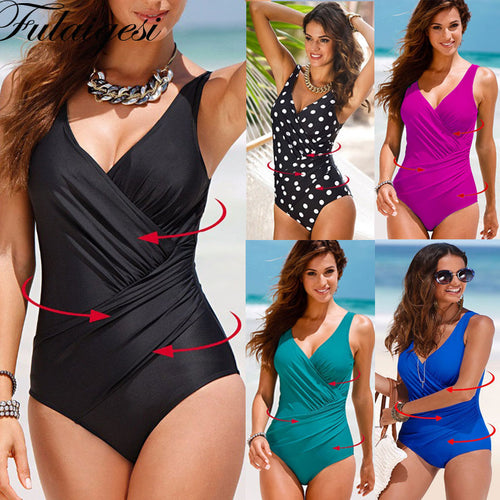 Solid Big Size One Piece Swimsuit Plus size Women 2020 Deep V Neck Sexy Black Green Blue Bikini 5xl Swimwear Padded Bathing Suit