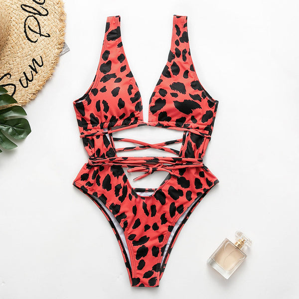 Red leopard Brazilian swimsuit one piece Plus size sexy bikini 2020 Push up swimwear women string monokini High cut bathing suit