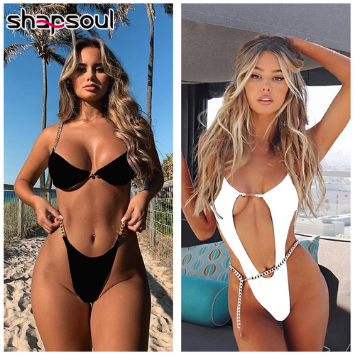 2020 Sexy Swimsuit Hollow Out Bathing Suit Metal Chain Bikini High Cut Thong One Piece Swimwear Women Biquini Push Up Monokini